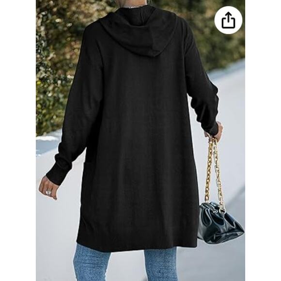 Women's Medium Black Long Sleeve Open Front Hoodie Knit Sweater Cardigan Outwear - Picture 12 of 12